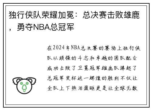独行侠队荣耀加冕：总决赛击败雄鹿，勇夺NBA总冠军